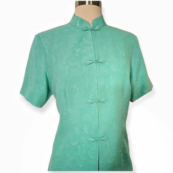 Vtg Lee Baron Jacquard Silk Cheongsam Qipao Bespoke Short Sleeve Skirt Set - Picture 3 of 12